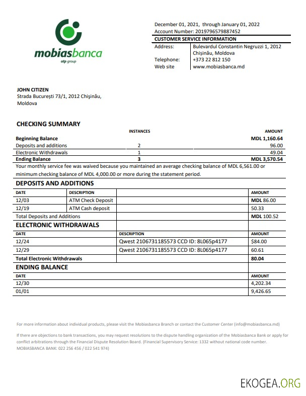 Modèle de relevé bancaire Moldavie Mobiasbanca au format Word et PDF
